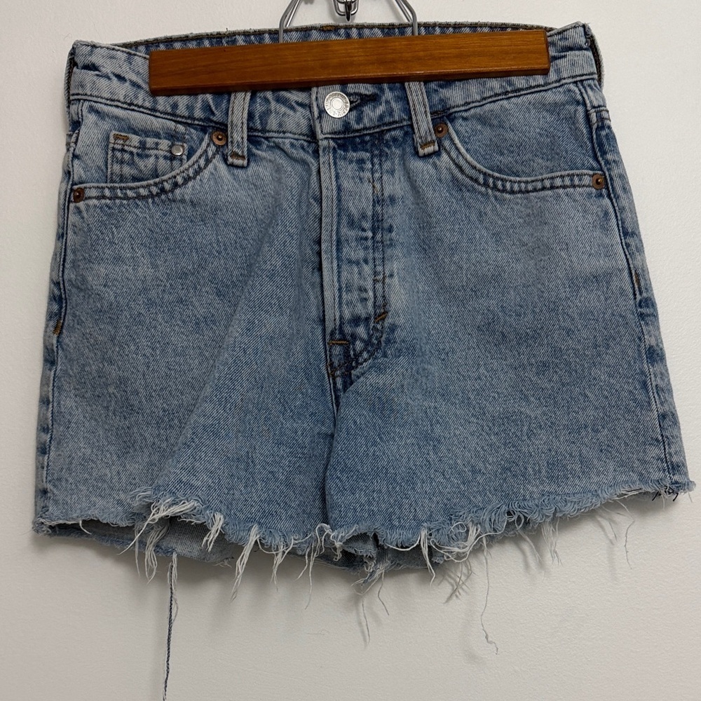 &Denim Vintage Blue Frayed Hem Jean Shorts